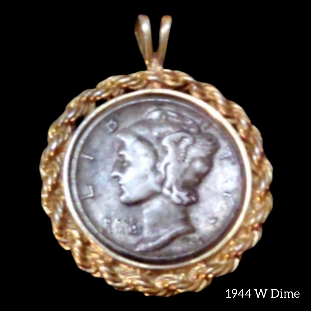 1944 Mercury Dime 90% Silver Coin Pendant Gold-Filled Frame | WWII Era.